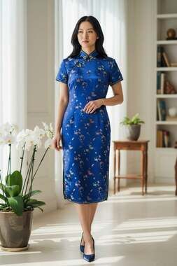 Blue Floral Cheongsam Qipao Dress Size 40 Long Satin Mandarin Collar Asian Dress